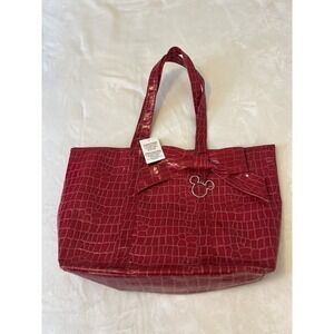 Disney‎ Red Faux Croc Tote Bag XL NWT Bow & Silvertone Mickey Beach